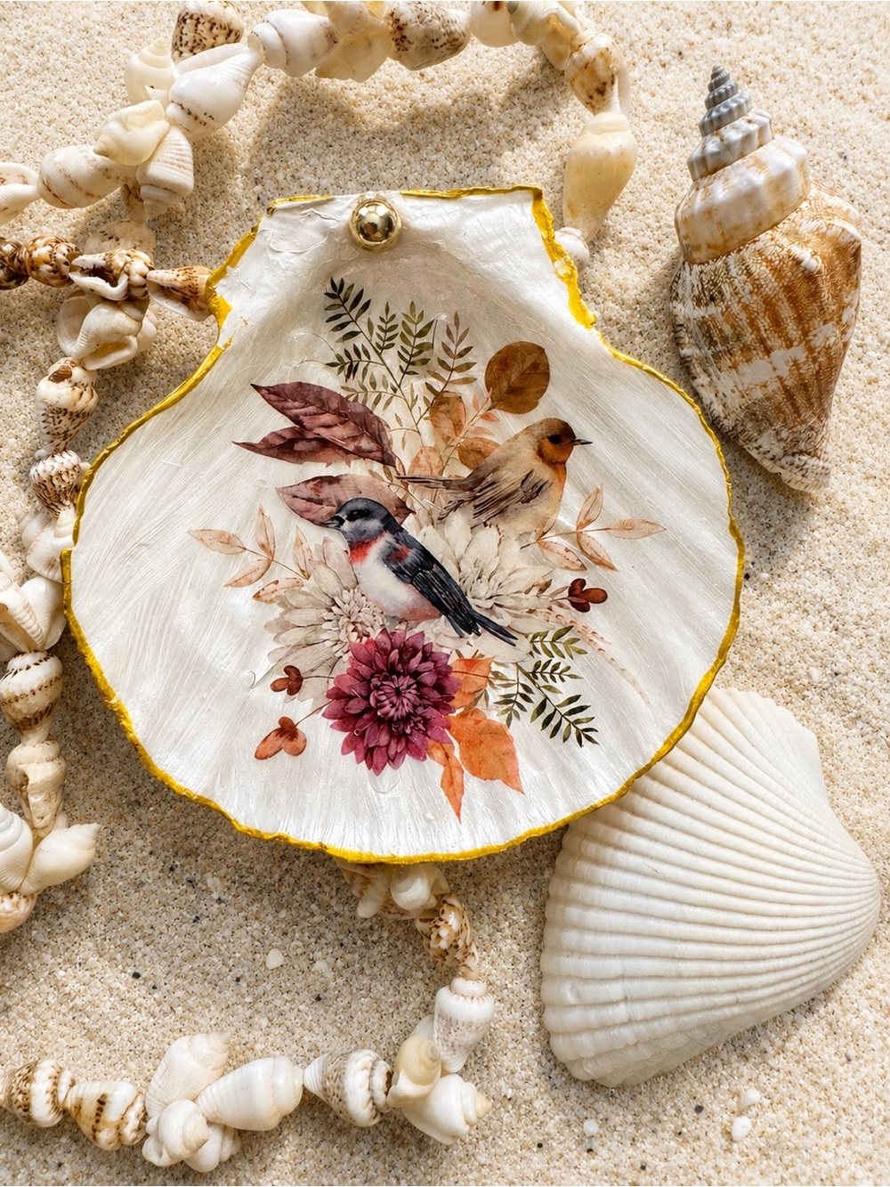 Hand made Shell Magnet or Trinket dish with Bird & Floral Motif 3”